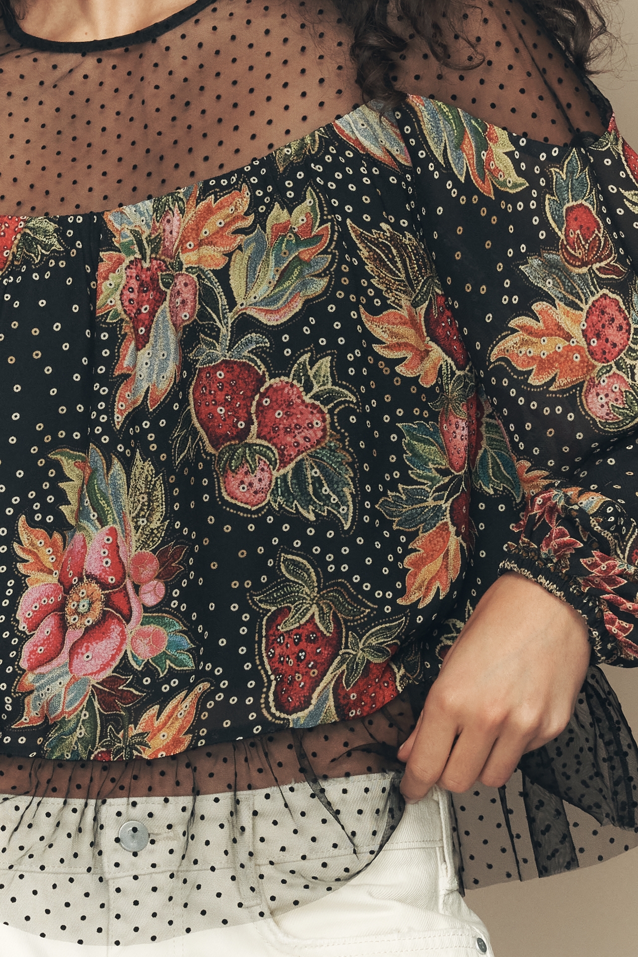 Farm Rio x Anthropologie Long-Sleeve Sheer Mesh Top