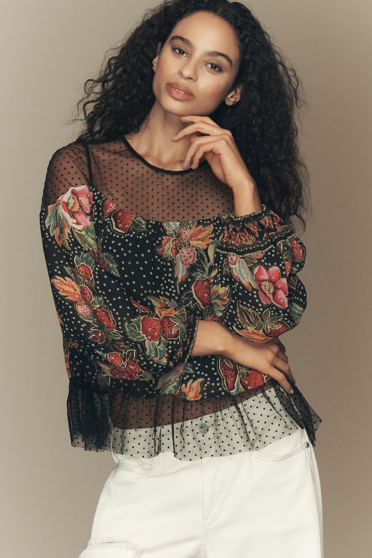 Farm Rio x Anthropologie Long-Sleeve Sheer Mesh Top