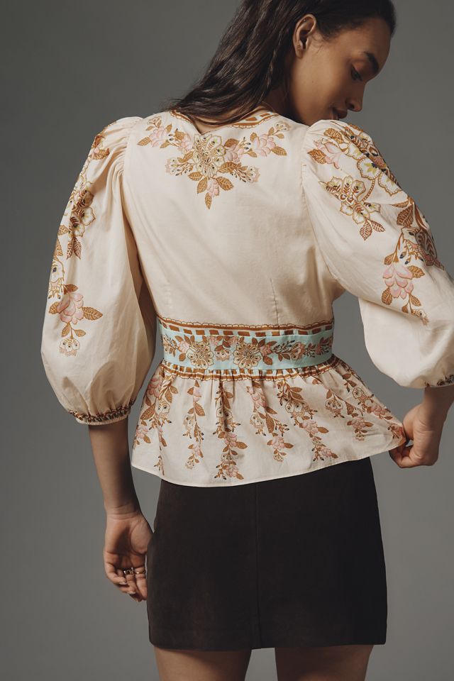 Farm Rio x Anthropologie Bubble-Sleeve V-Neck Peplum Top #1