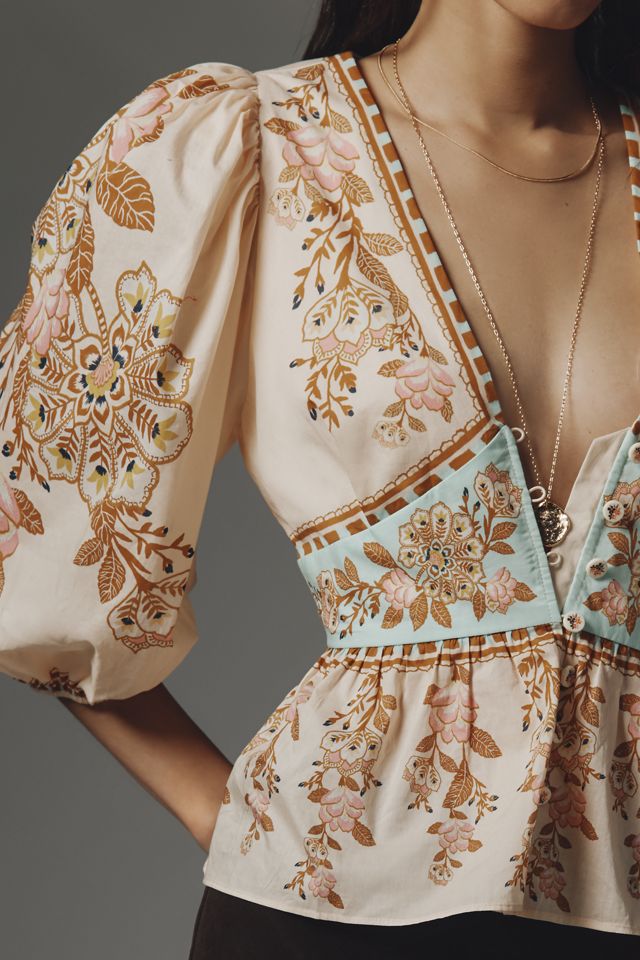 Farm Rio x Anthropologie Bubble-Sleeve V-Neck Peplum Top #3