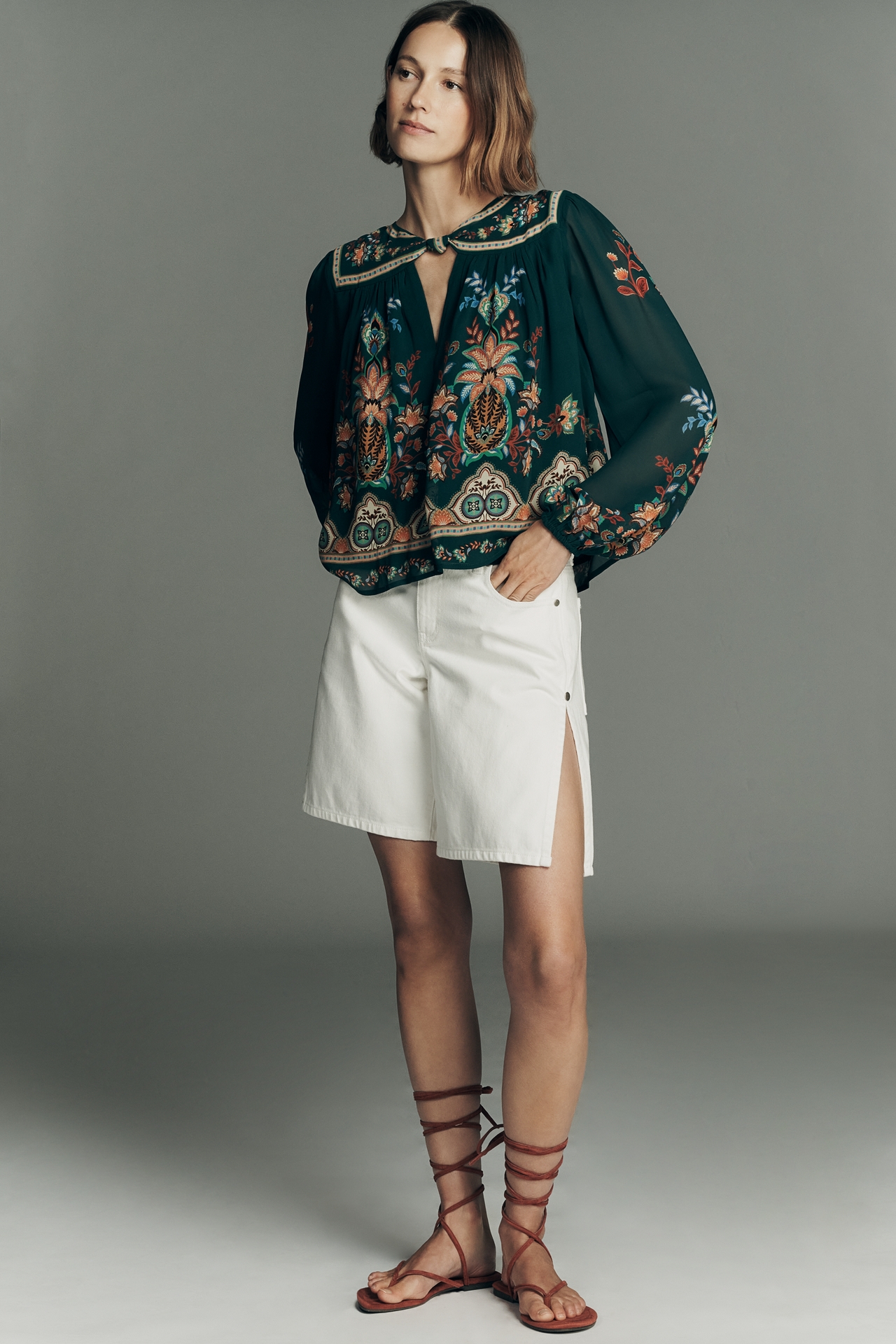 Farm Rio x Anthropologie Long-Sleeve Knotted Keyhole Top