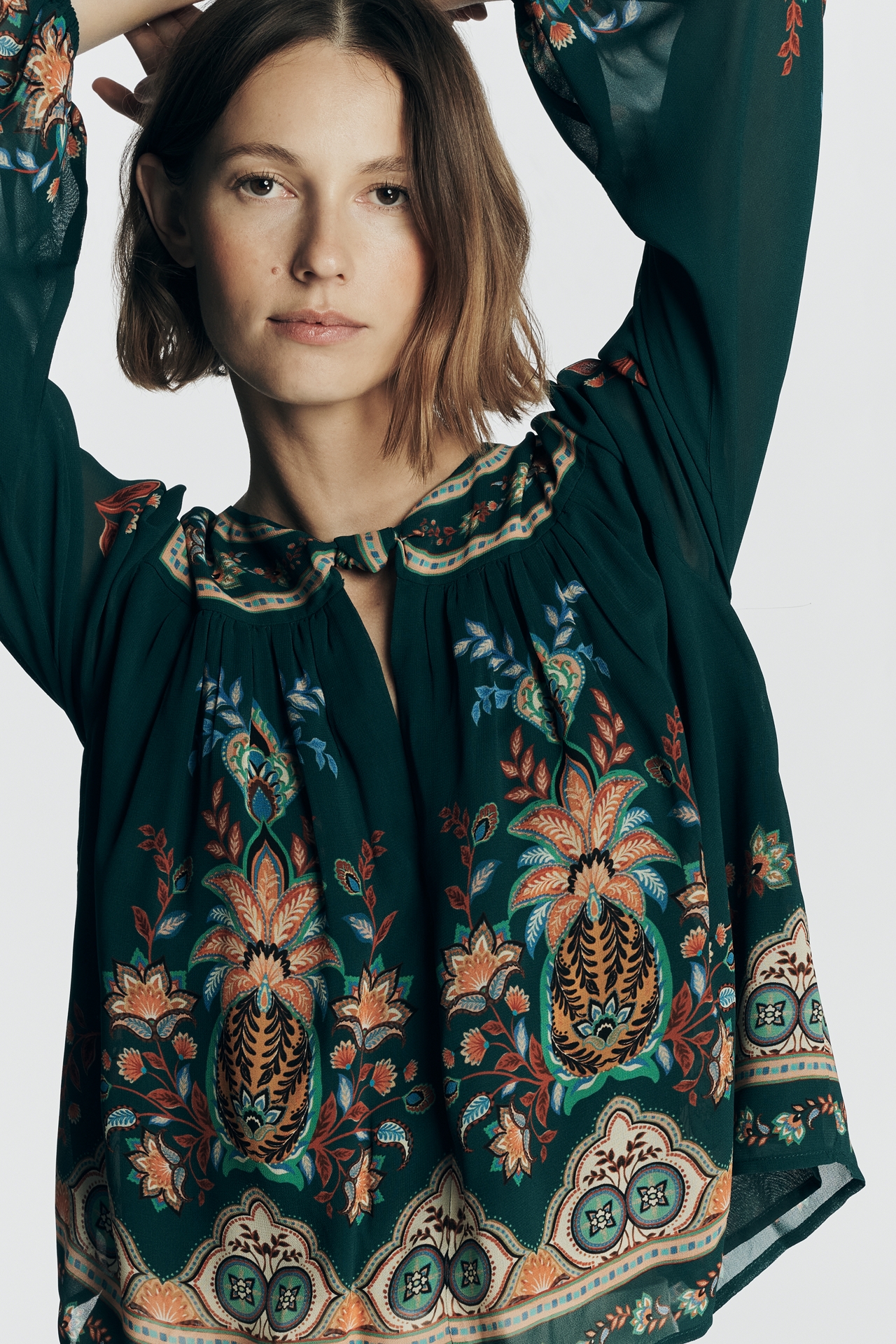 Farm Rio x Anthropologie Long-Sleeve Knotted Keyhole Top