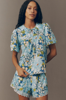 Farm Rio x Anthropologie Scalloped Linen Blend Shirt