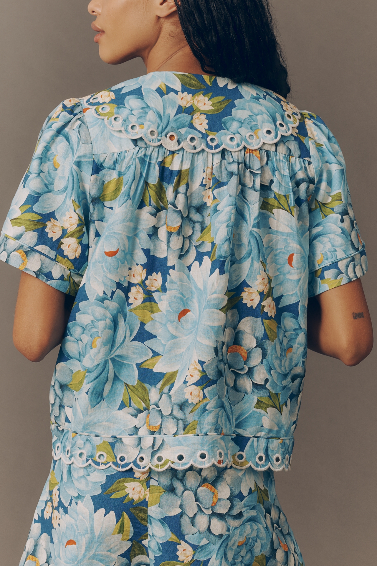 Farm Rio x Anthropologie Scalloped Linen Blend Shirt