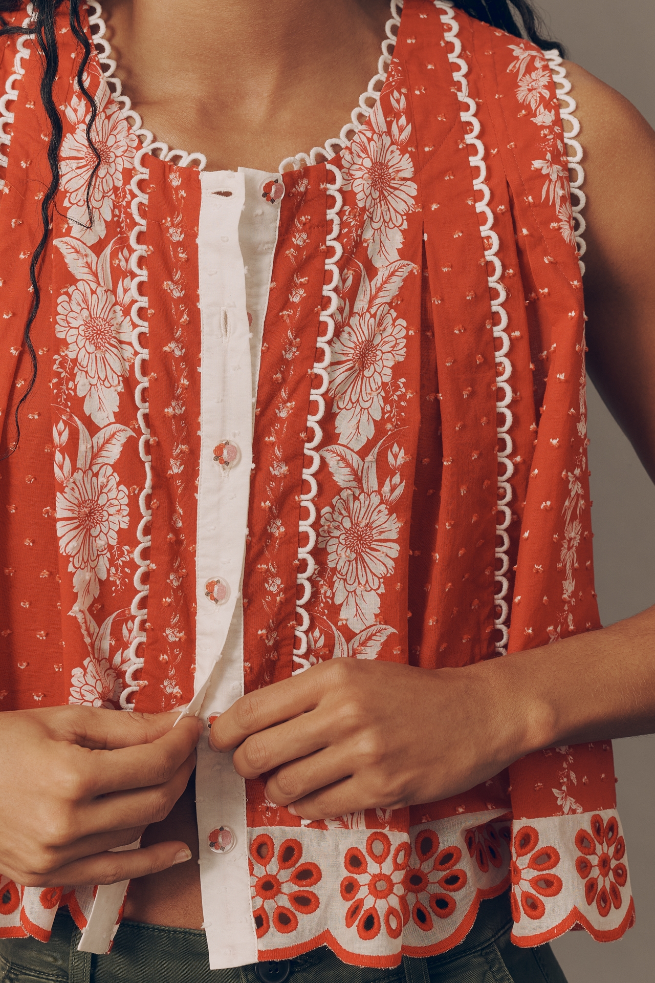 Farm Rio x Anthropologie Cotton Sleeveless Scalloped Blouse