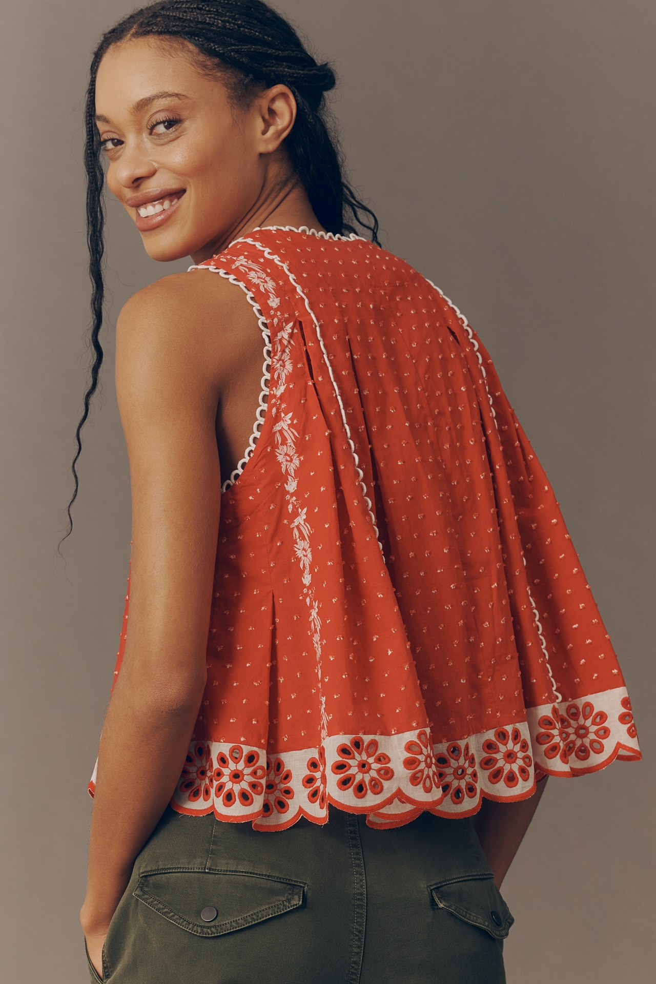 Farm Rio x Anthropologie Cotton Sleeveless Scalloped Blouse