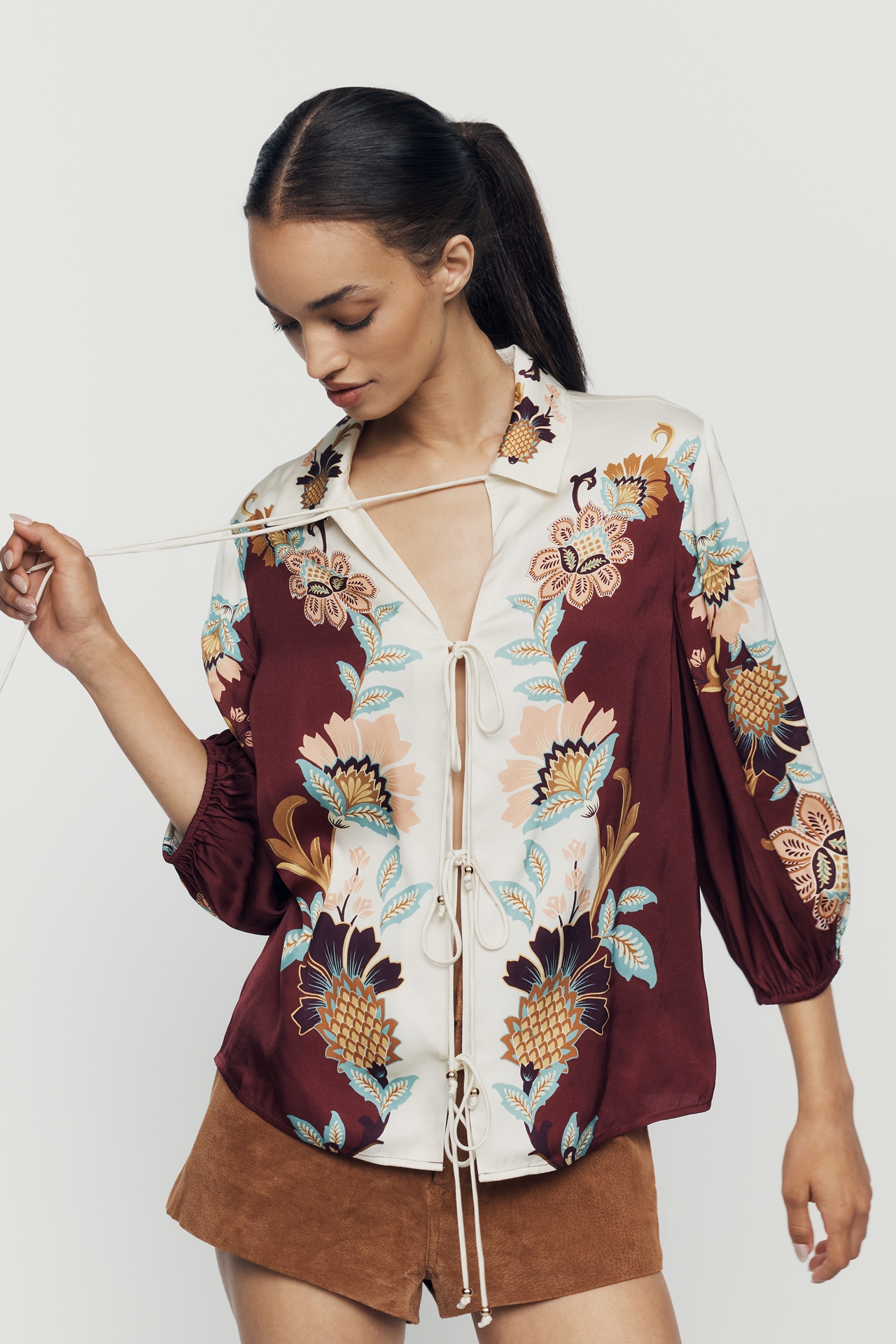 Farm Rio Tie-Front Long-Sleeve Top
