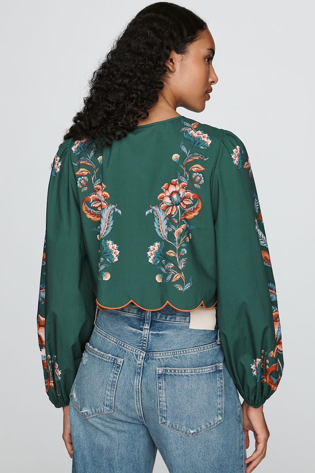 Farm Rio x Anthropologie 100% Cotton Scalloped Tie-Front Blouse #1