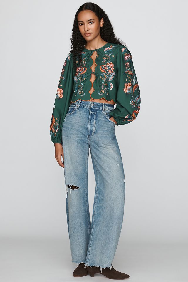 Farm Rio x Anthropologie 100% Cotton Scalloped Tie-Front Blouse #2