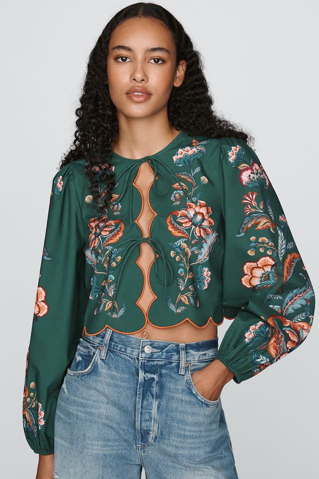 Farm Rio x Anthropologie 100% Cotton Scalloped Tie-Front Blouse #3