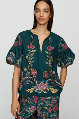 Farm Rio Cotton Blend Printed Puff Sleeve Blouse by Anthropologie