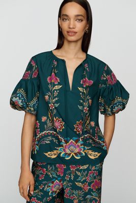 Farm Rio Cotton Blend Printed Puff Sleeve Blouse