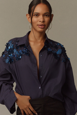 Essentiel Antwerp Gdog Sequin And Bead Embroidered Cotton Poplin Shirt In Blue