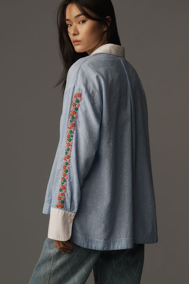 Essentiel Antwerp Harkle Embroidered-Sleeve Buttondown Shirt #1