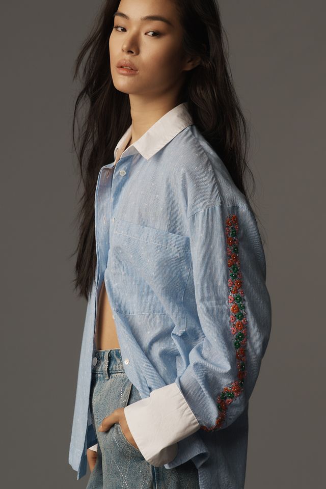 Essentiel Antwerp Harkle Embroidered-Sleeve Buttondown Shirt #4