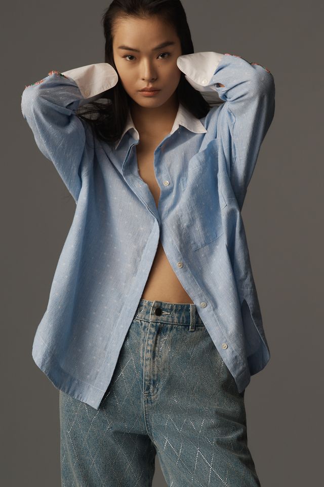 Essentiel Antwerp Harkle Embroidered-Sleeve Buttondown Shirt #2