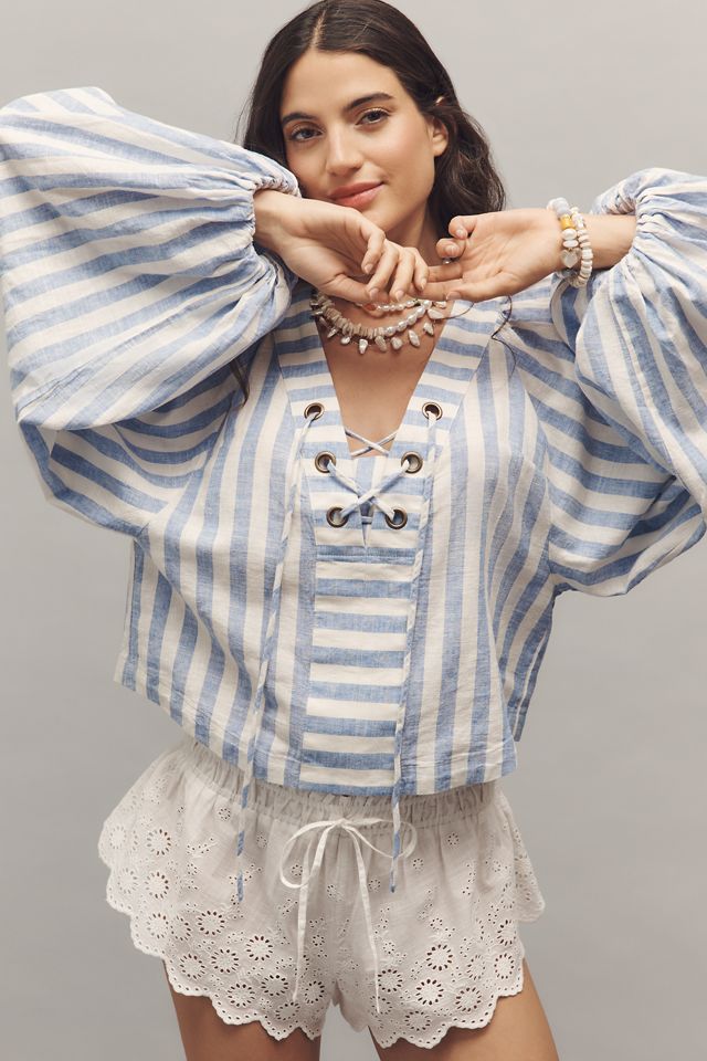By Anthropologie Linen Dolman Lace-Up Blouse #1