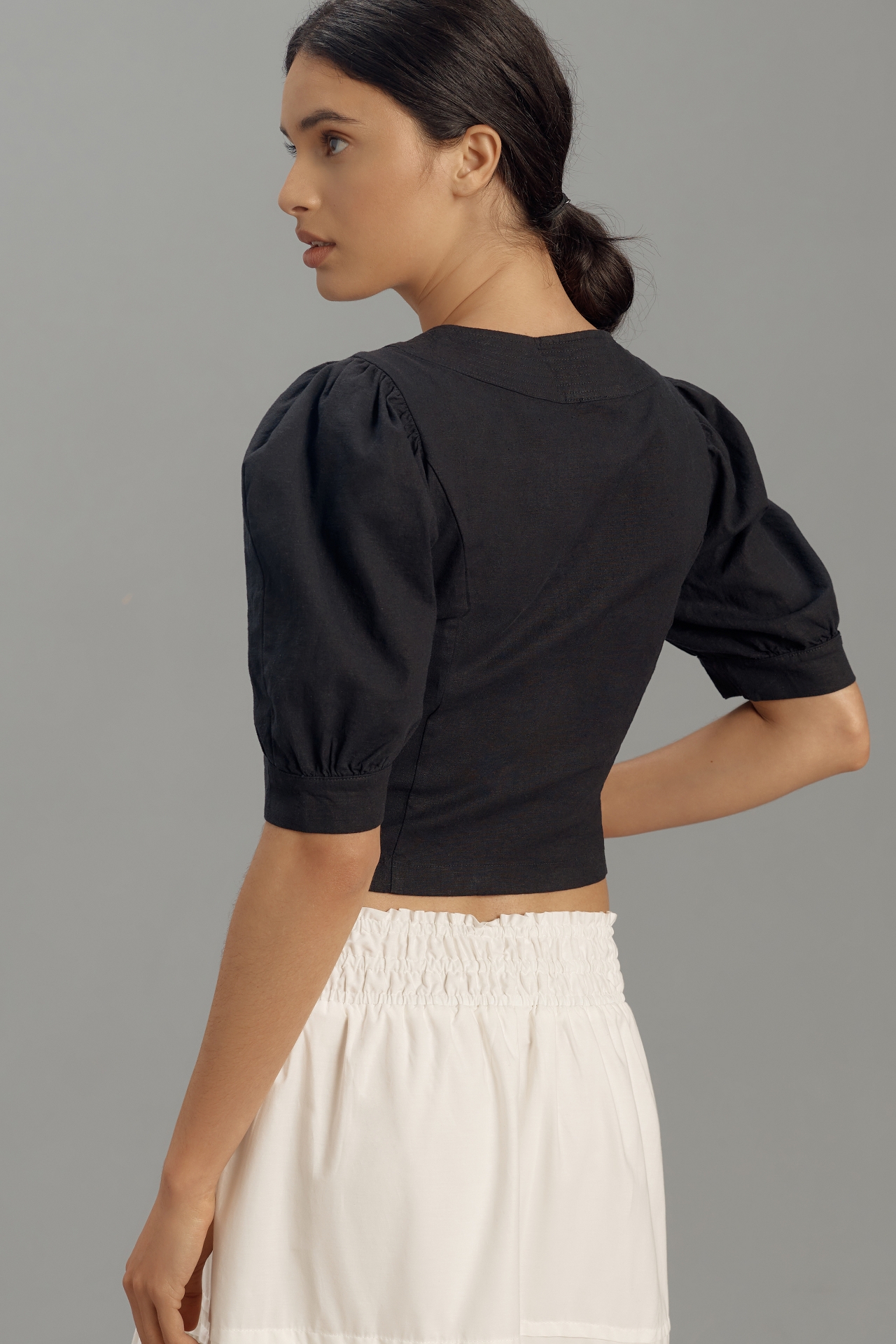 By Anthropologie Puff-Sleeve Scoop-Neck Linen Top