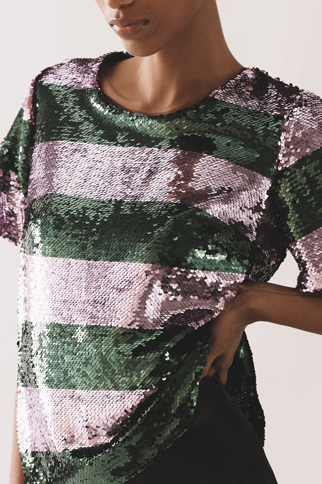 Maeve Short-Sleeve Sequin Striped Top #2