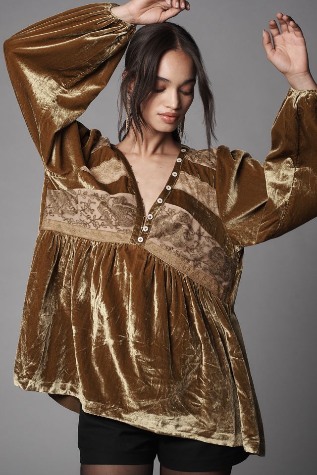 By Anthropologie Long-Sleeve Velvet Lace Babydoll Top #3
