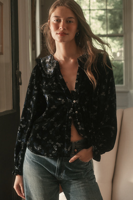 The Keira Collared Button-Front Blouse by Pilcro: Long-Sleeve Velvet Edition