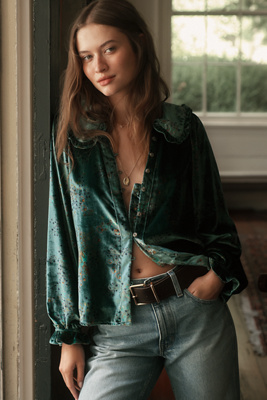 Pilcro The Keira Collared Button-front Blouse By : Long-sleeve Velvet Edition In Green