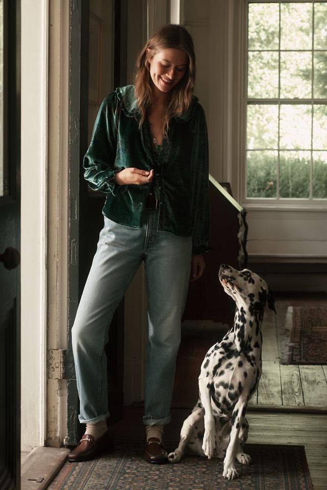 The Keira Collared Button-Front Blouse by Pilcro: Long-Sleeve Velvet Edition