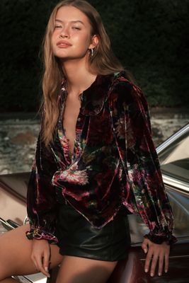 The Keira Collared Button-Front Blouse by Pilcro: Long-Sleeve Velvet Edition