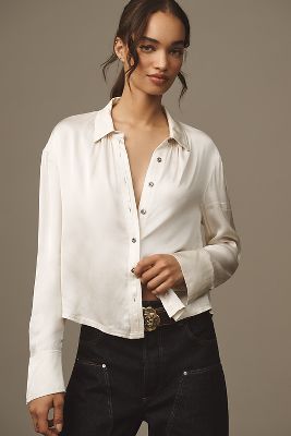 PILCRO CROPPED SATIN BUTTONDOWN BLOUSE 