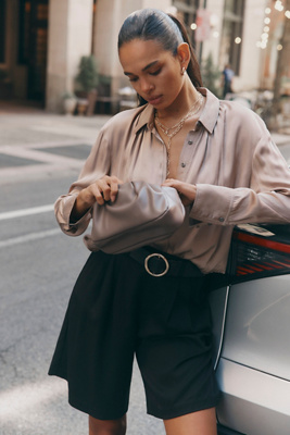 Cropped Satin Buttondown Blouse
