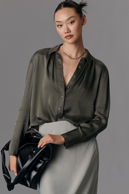PILCRO CROPPED SATIN BUTTONDOWN BLOUSE 