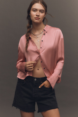 Pilcro Cropped Satin Buttondown Blouse In Pink