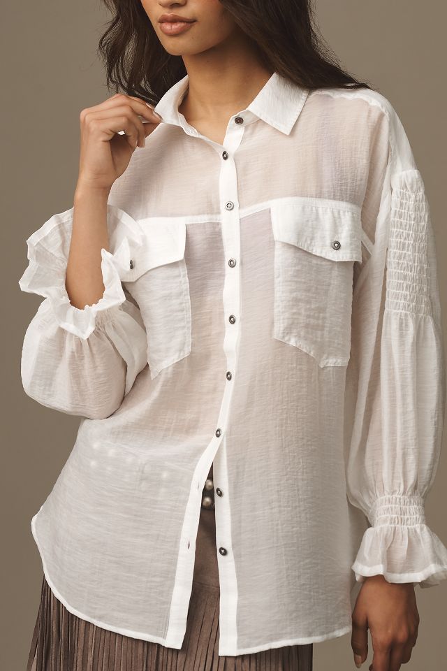 Pilcro Long-Sleeve Smocked Shoulder Buttondown Shirt #2
