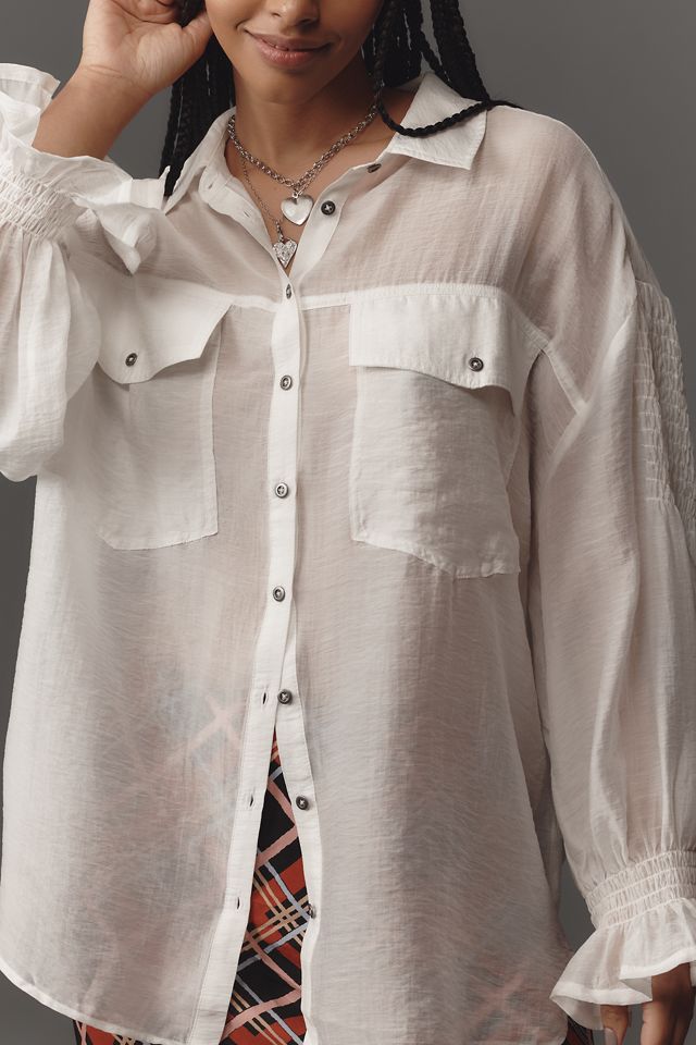 Pilcro Long-Sleeve Smocked Shoulder Buttondown Shirt #6