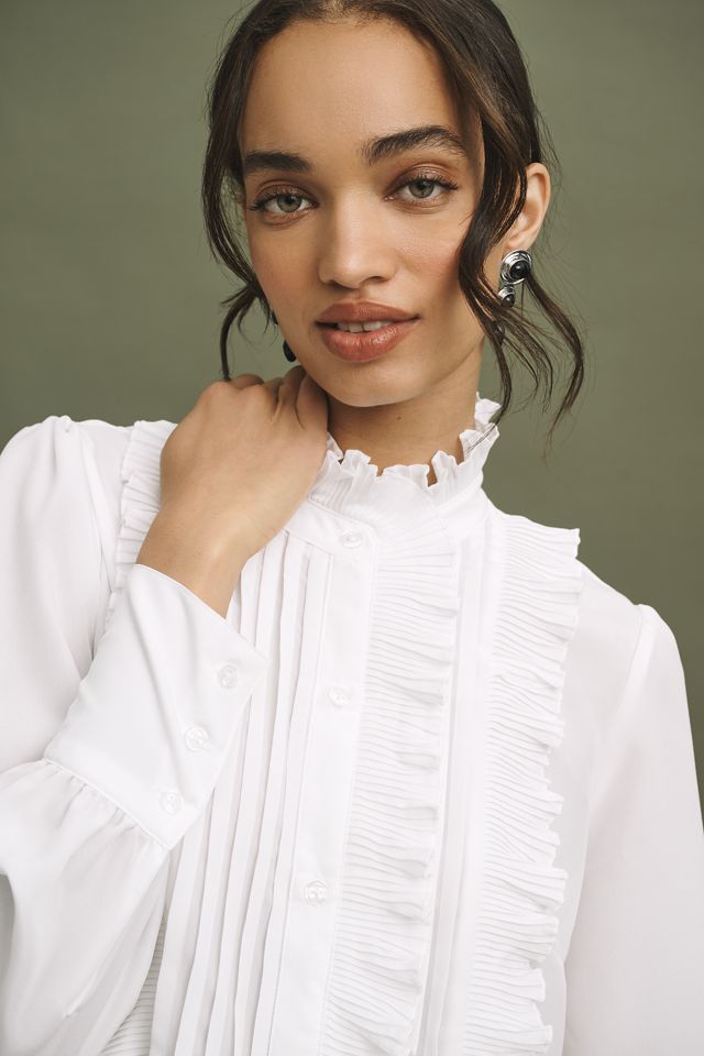 By Anthropologie Long-Sleeve Pleated Ruffled Blouse #1
