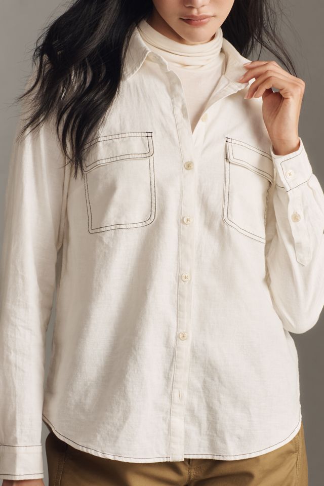 Maeve Contrast-Stitch Linen Buttondown Shirt #1