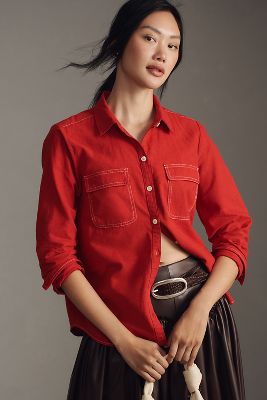 Maeve Contrast-stitch Linen Buttondown Shirt In Red
