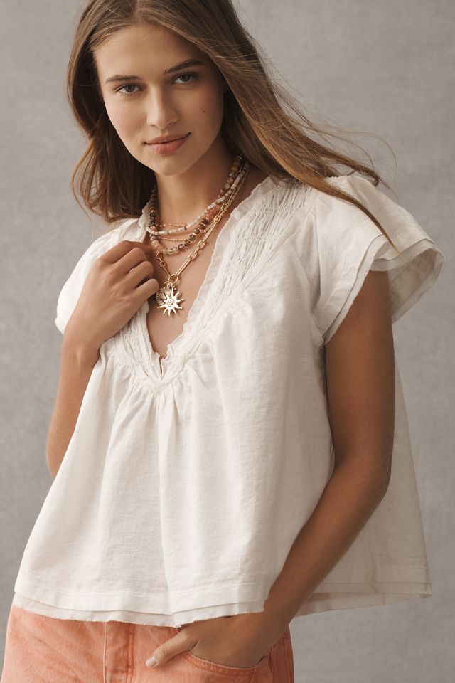By Anthropologie Short-Sleeve Smocked Linen-Blend Blouse