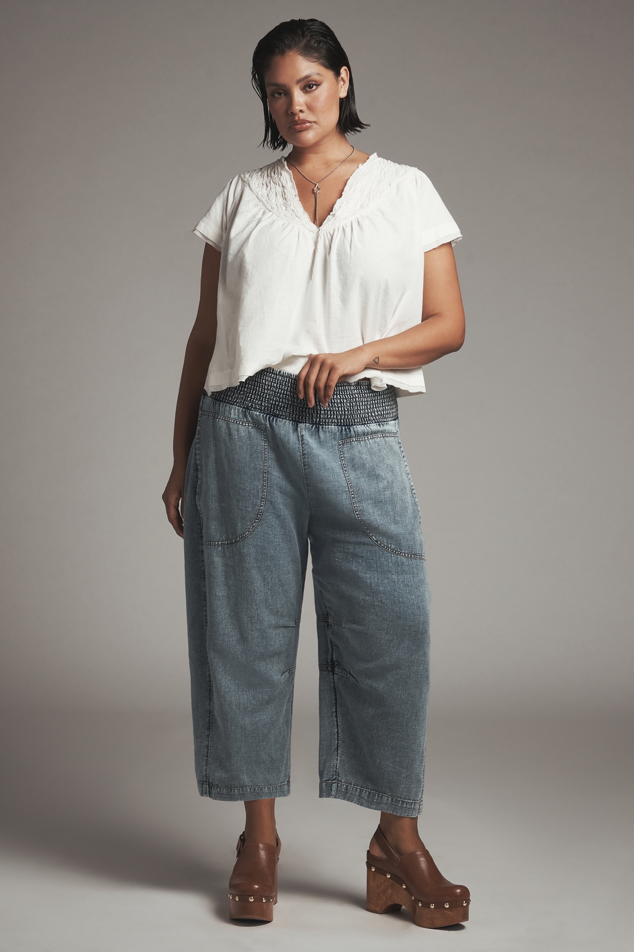 By Anthropologie Short-Sleeve Smocked Linen-Blend Blouse