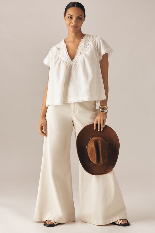 By Anthropologie Short-Sleeve Smocked Linen-Blend Blouse #5