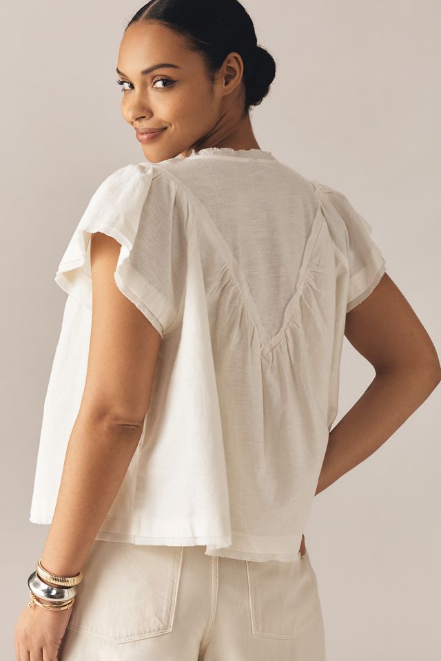 By Anthropologie Short-Sleeve Smocked Linen-Blend Blouse #6