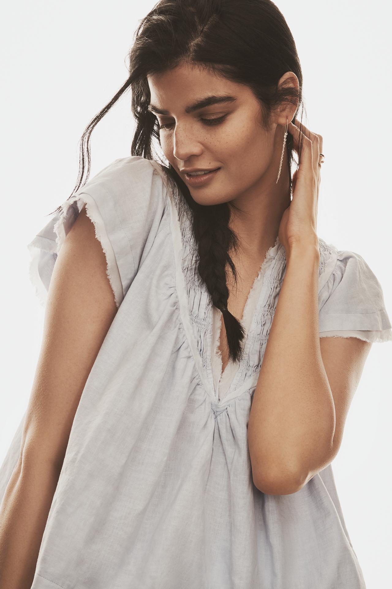 By Anthropologie Short-Sleeve Smocked Linen-Blend Blouse