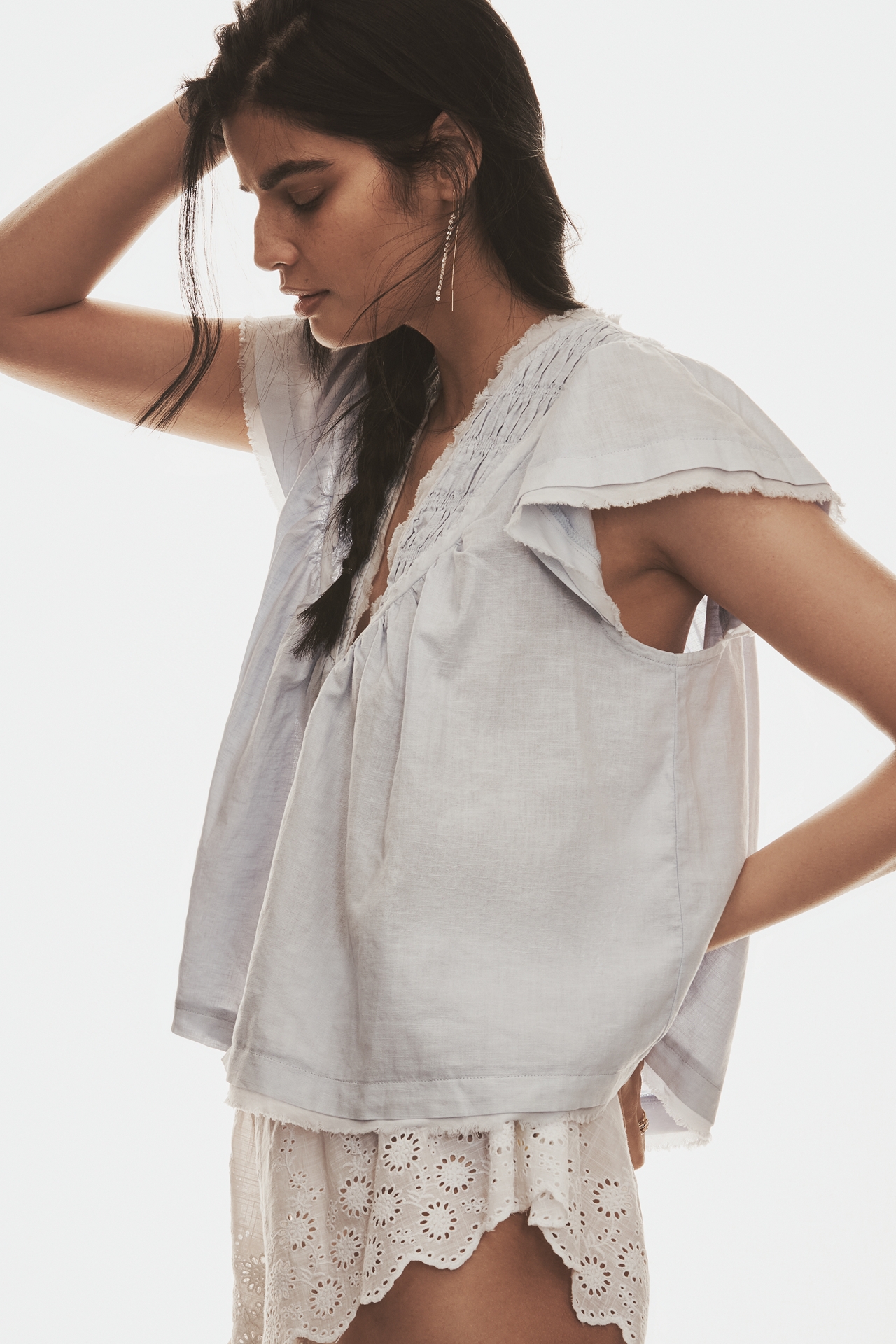 By Anthropologie Short-Sleeve Smocked Linen-Blend Blouse