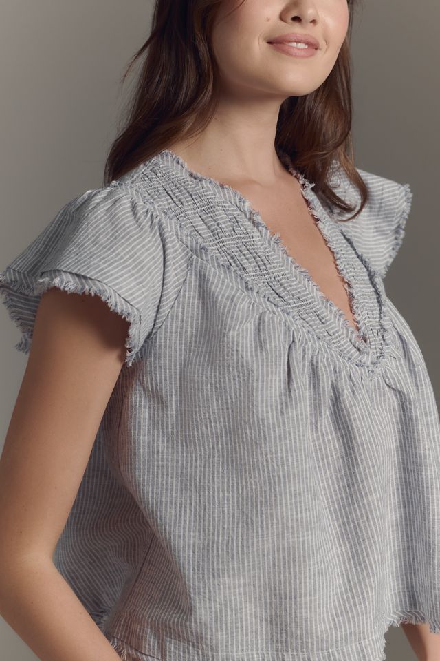 By Anthropologie Blusa de Mezcla de Lino Fruncida de Manga Corta #2