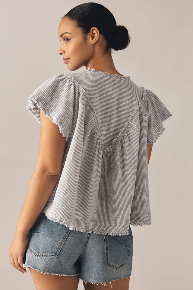 By Anthropologie Blusa de Mezcla de Lino Fruncida de Manga Corta #5