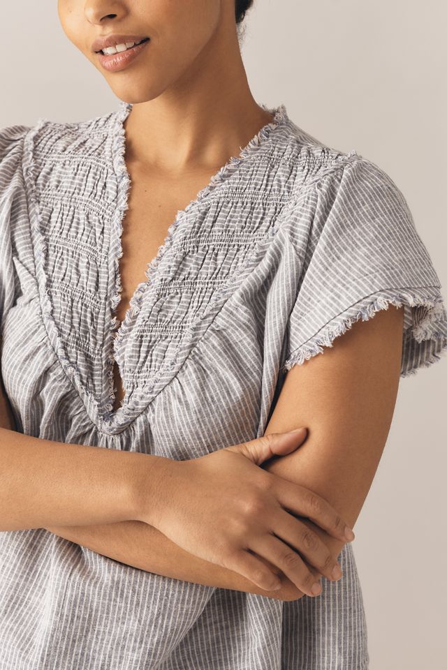By Anthropologie Blusa de Mezcla de Lino Fruncida de Manga Corta #7