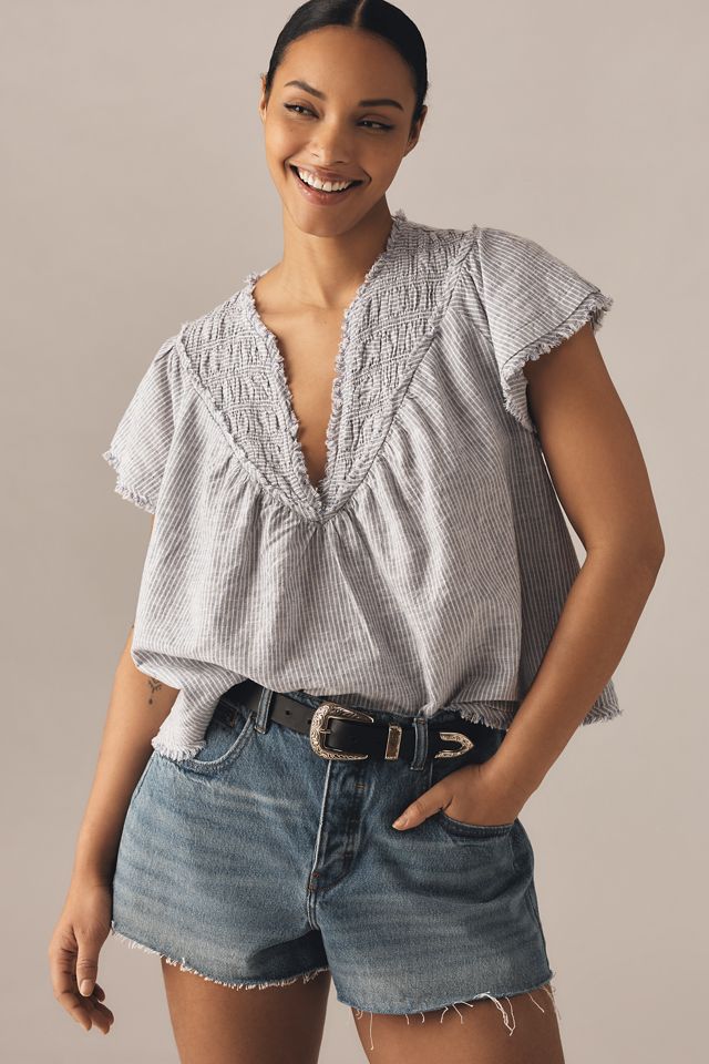 By Anthropologie Blusa de Mezcla de Lino Fruncida de Manga Corta #4