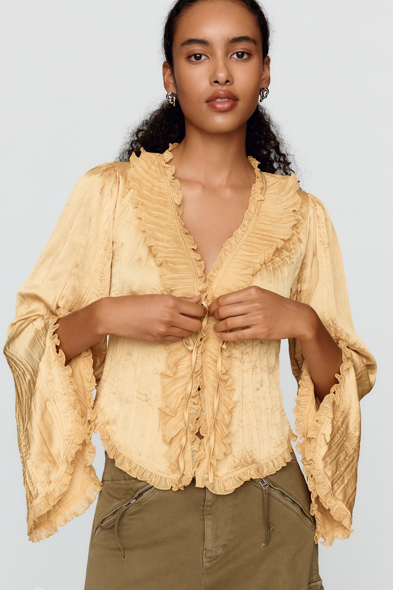 By Anthropologie Long-Sleeve Ruffled Tie-Front Top