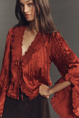 By Anthropologie Long-Sleeve Ruffled Tie-Front Top