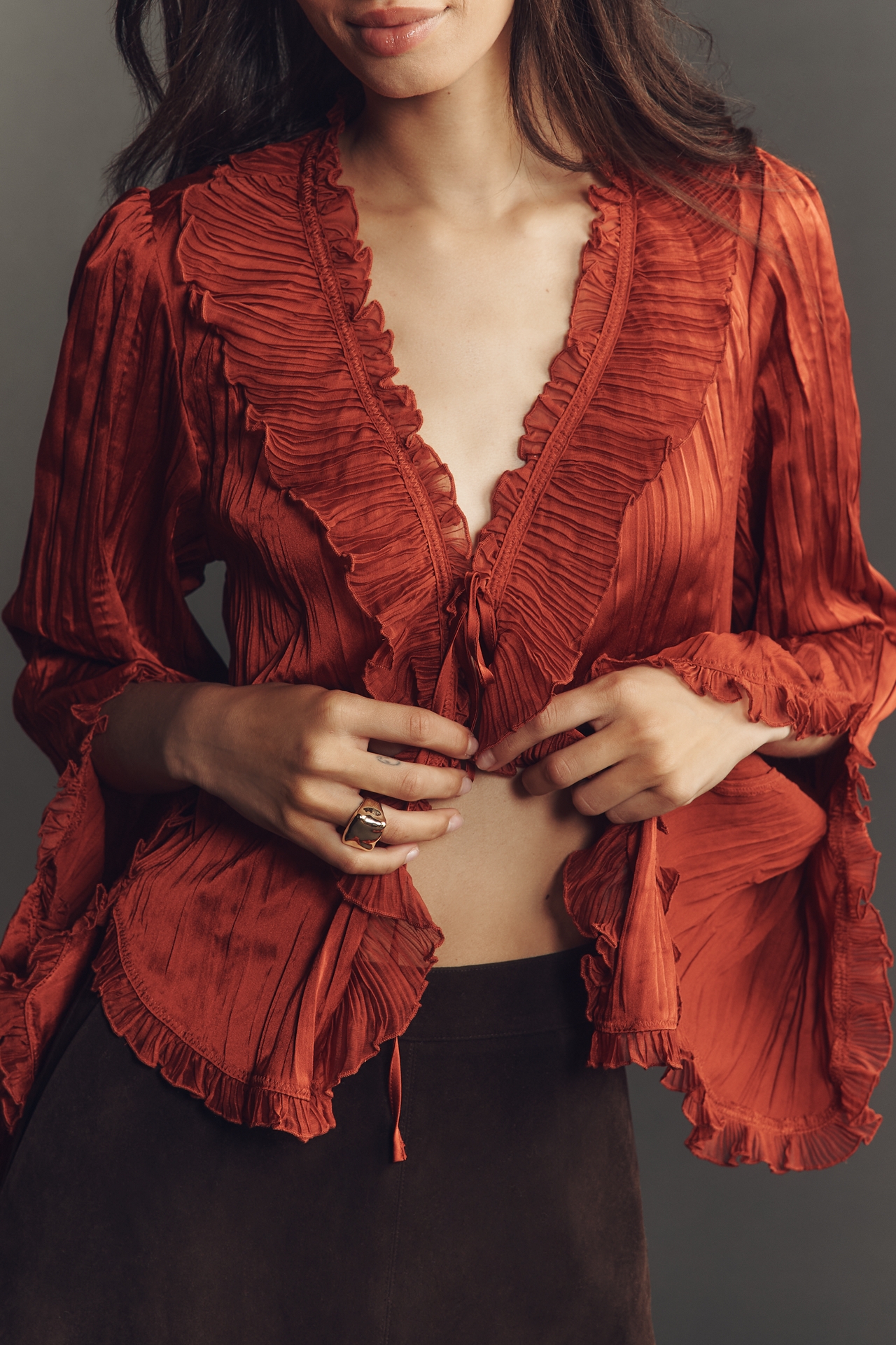 By Anthropologie Long-Sleeve Ruffled Tie-Front Top